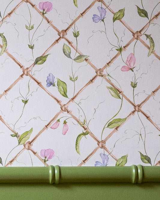 "Sweet Peas on Bamboo Trellis" - Wallpaper by Alice Crawley