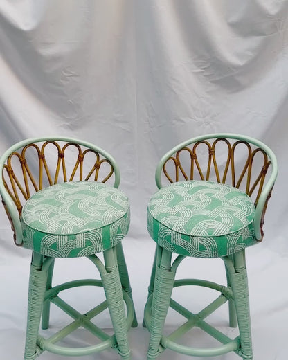 Pair of original "Angraves" cane stools (backed) Green